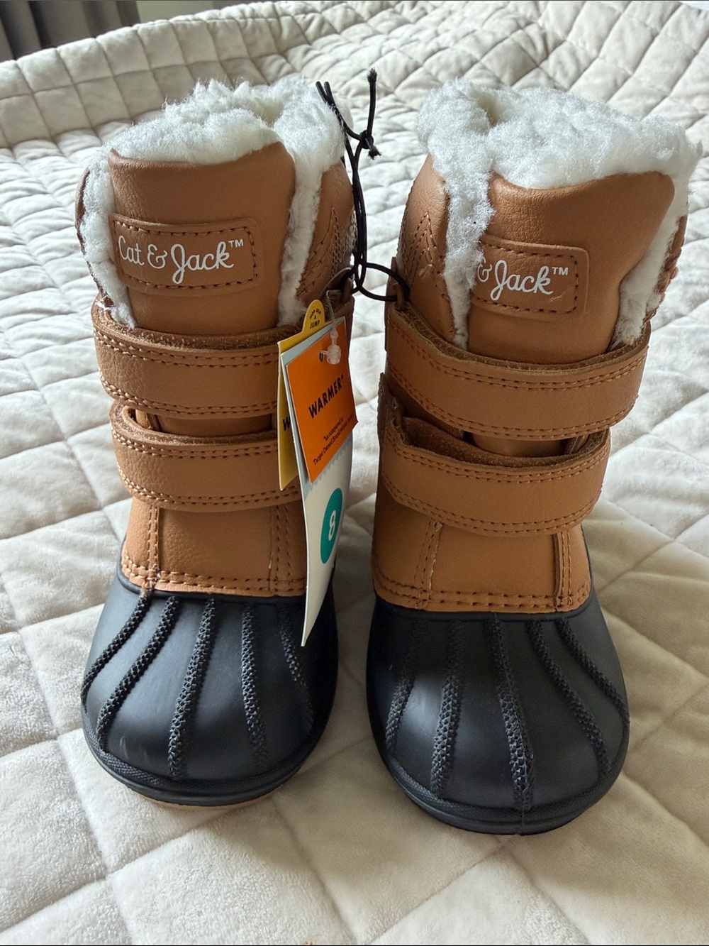 NWT Sz. 8 Cat & Jack Kids Tan and Black Faux-Fur Winter Duck Snow Boots